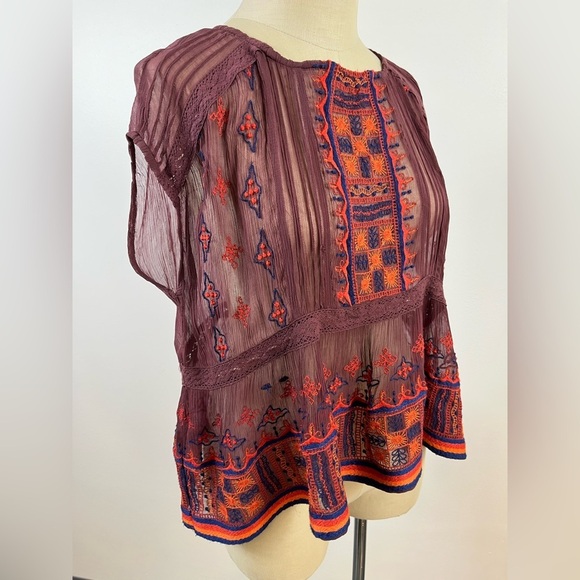 Free People All Your Feelings Sheer Blouse Purple + Orange Sleeveless Top, sz XS - Picture 3 of 14